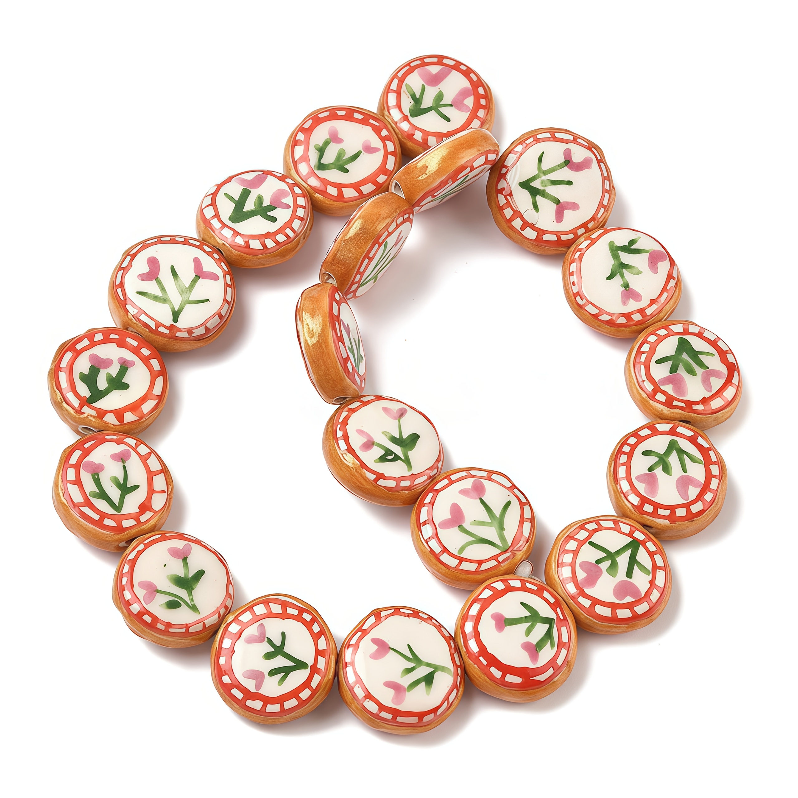 Hand-Painted Flat Round Flower Ceramic Beads, 6pcs Set